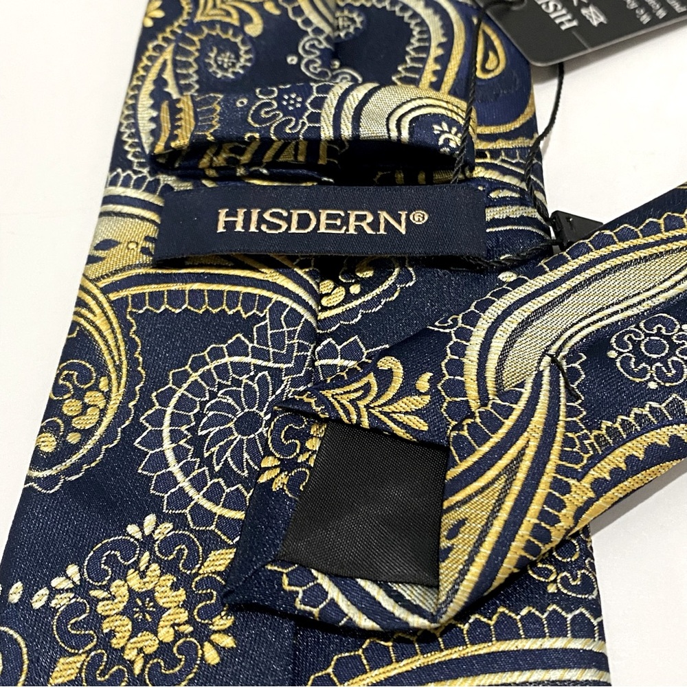NWT Hisdern Navy Blue Tie W/Gold Paisley Print Handmade XL 62" Elegant Business - Picture 4 of 7